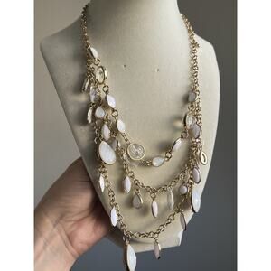 Multi Strand Beaded Long Necklace Clear Acrylic White And Gold Tone 20-26 Inch